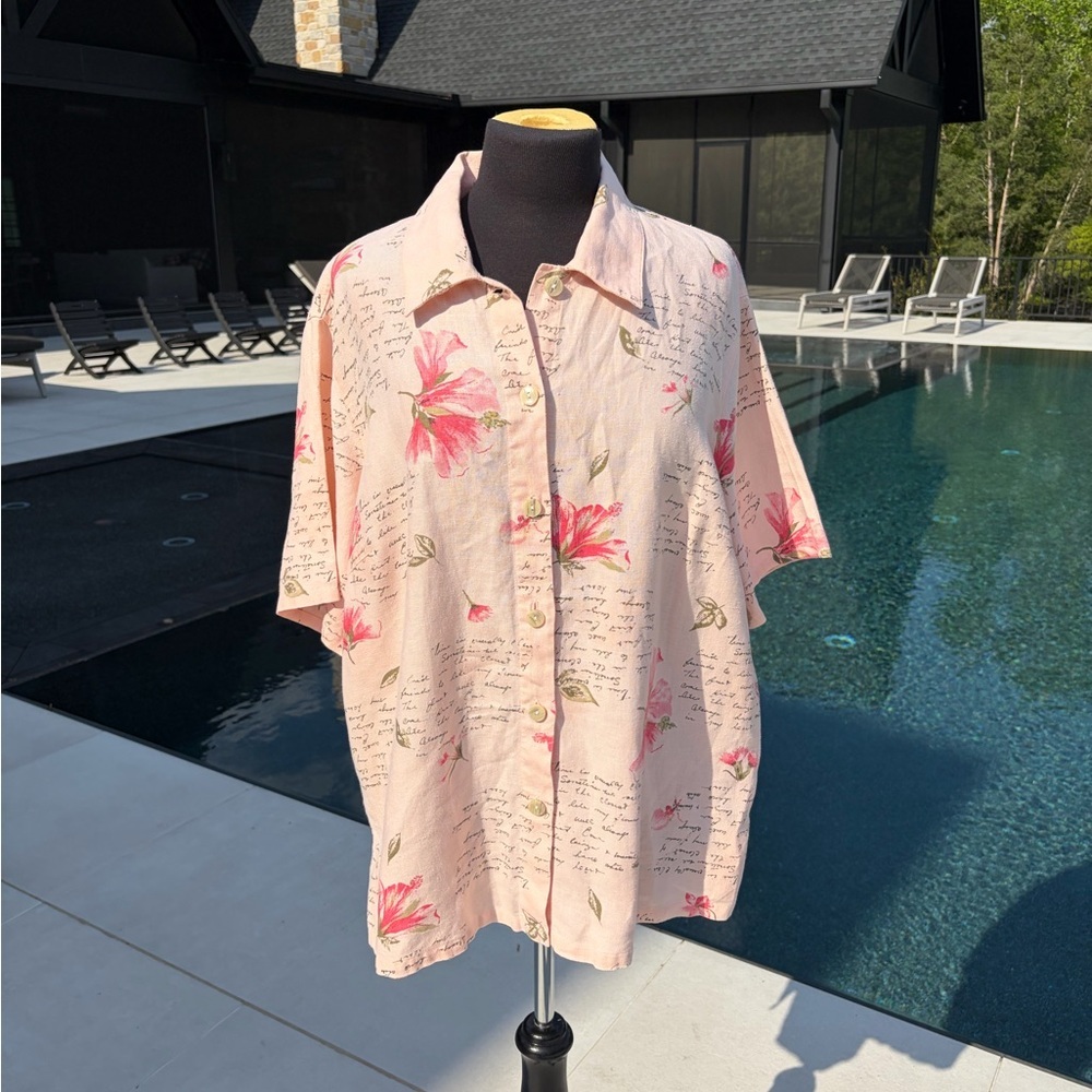 Vintage Y2K Linen Floral Script Button Up Oversized Cottage Top